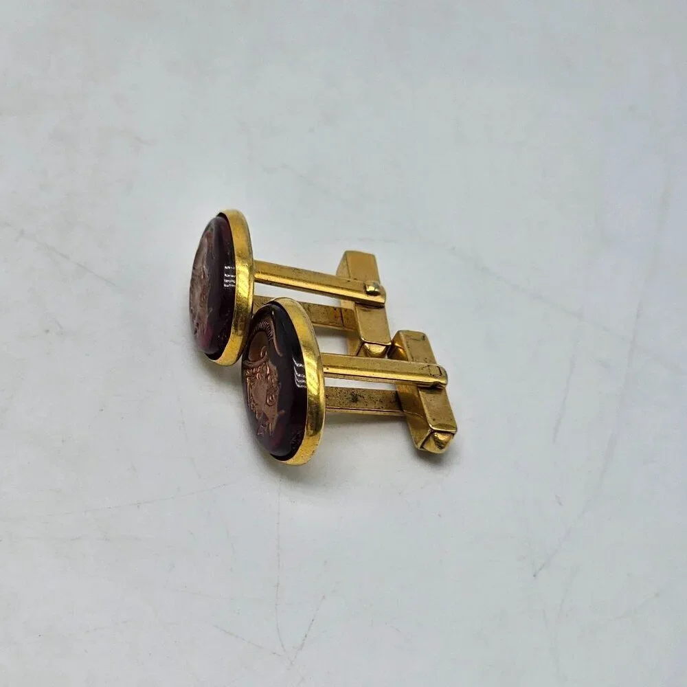 Vintage Roman Trojan Soldier Cufflinks Gold Brown Lucite 0.52 Inch Diameter